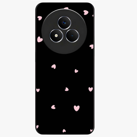 Pink Love Drops Glass Case showing flat back view with playful pink heart drops artwork and glossy glass finish.