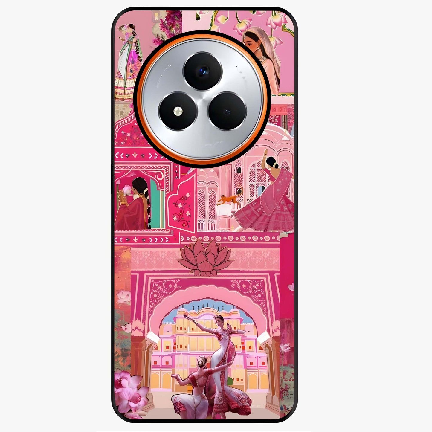 Pink Palace Muse Glass Case showing flat back view with elegant palace inspired artwork and glossy glass finish.