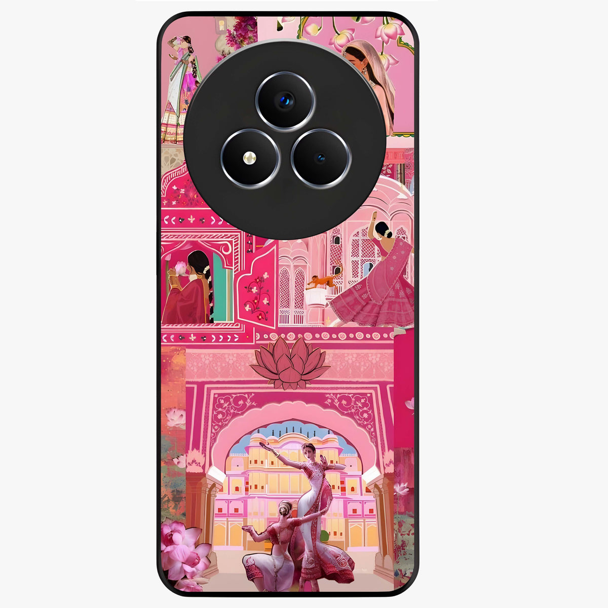 Pink Palace Muse Glass Case showing flat back view with elegant palace inspired artwork and glossy glass finish.