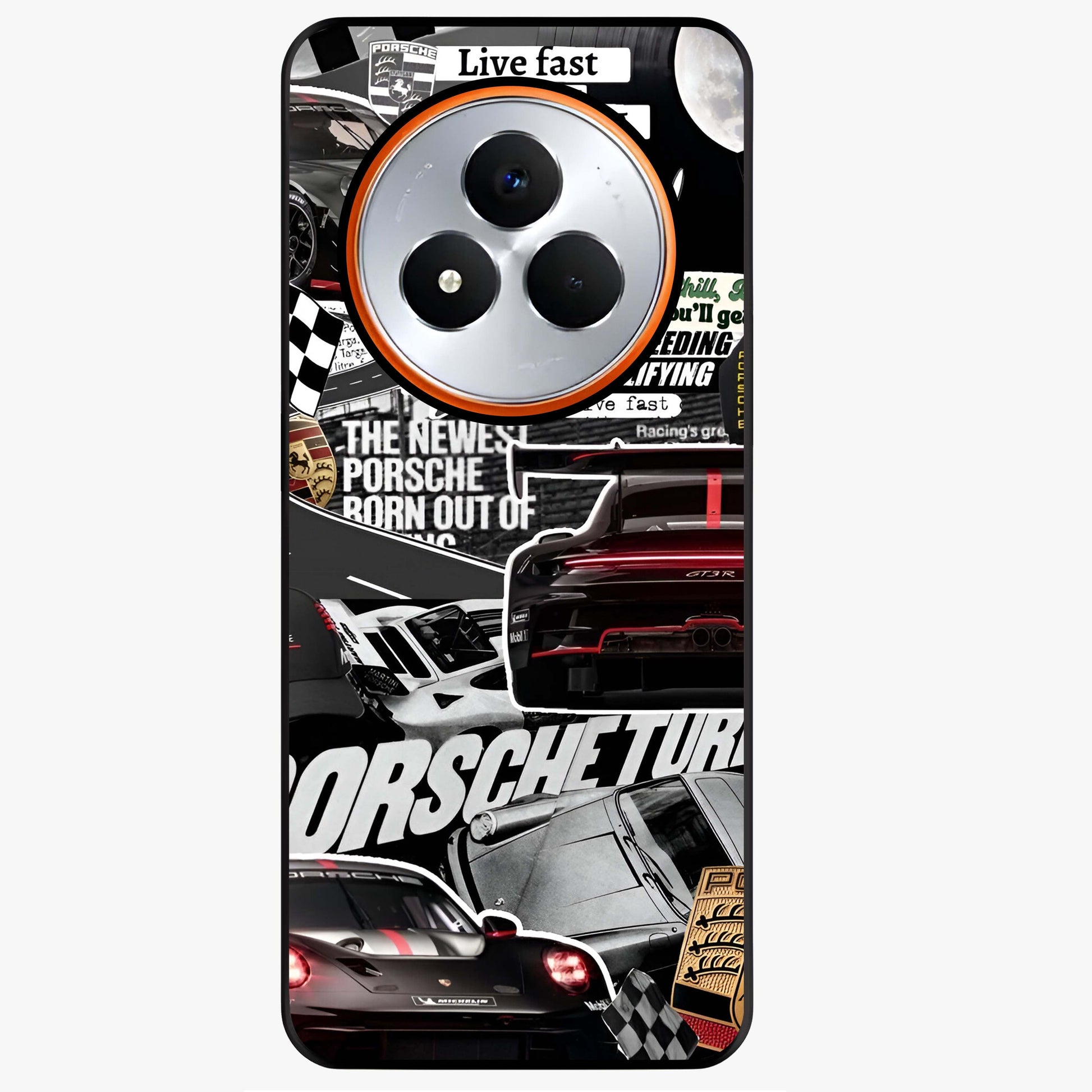Porsche Racing Collage Glass Case showing flat back view with sports car racing collage artwork and glossy glass finish.