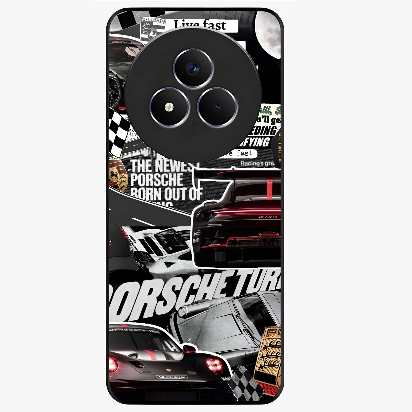 Porsche Racing Collage Glass Case showing flat back view with sports car racing collage artwork and glossy glass finish.
