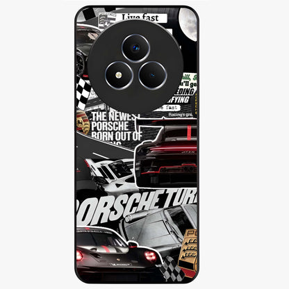 Porsche Racing Collage Glass Case showing flat back view with sports car racing collage artwork and glossy glass finish.