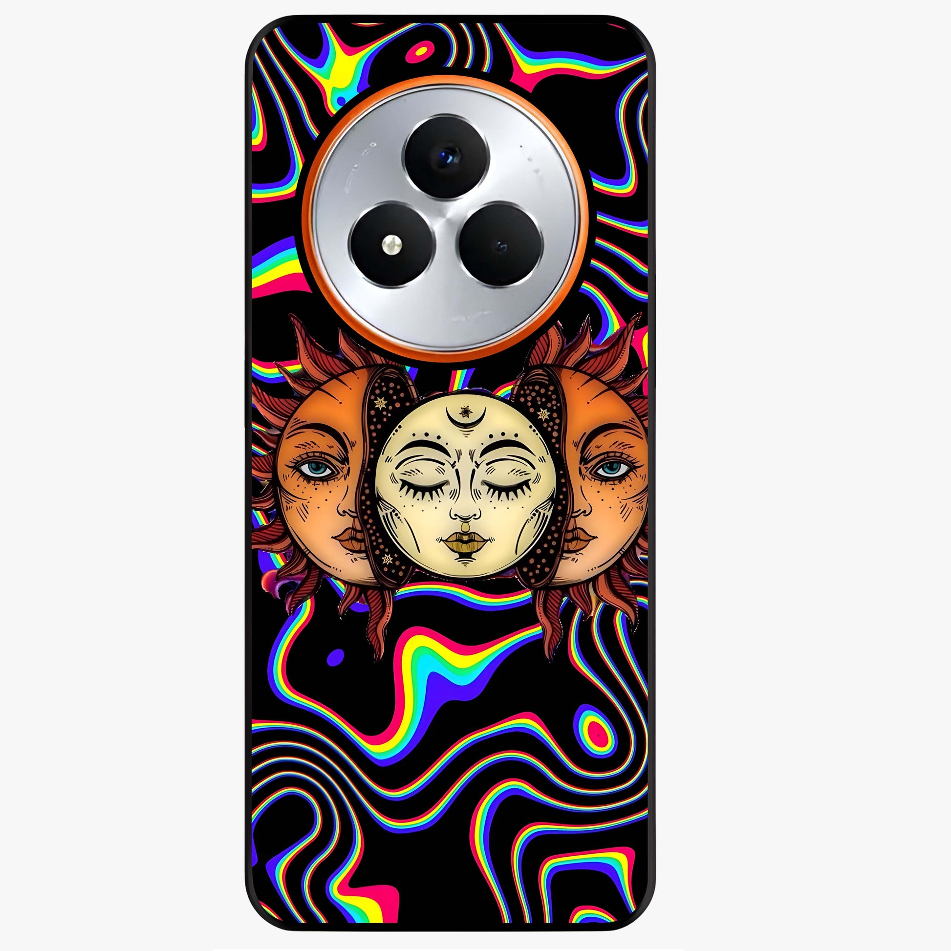 Psychedelic Sun Glass Case showing flat back view with colorful psychedelic sun artwork and glossy glass finish.