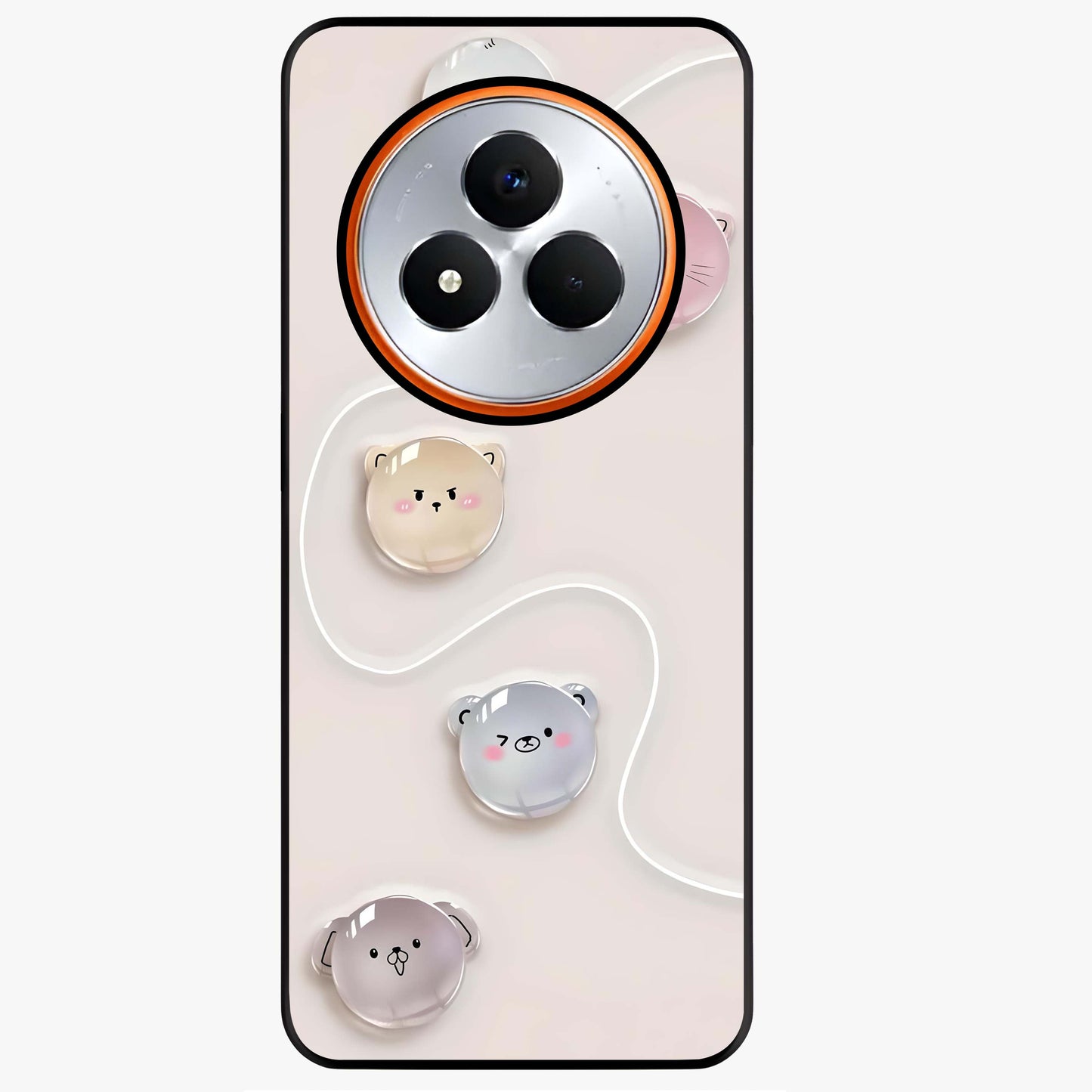 Puffy Face Parade Glass Case showing flat back view with cute puffy character faces artwork and glossy glass finish.