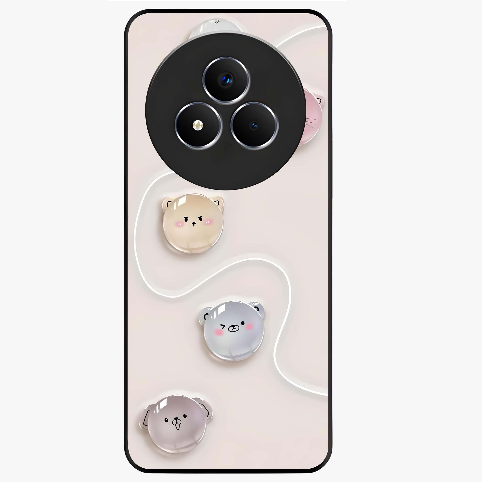 Puffy Face Parade Glass Case showing flat back view with cute puffy character faces artwork and glossy glass finish.