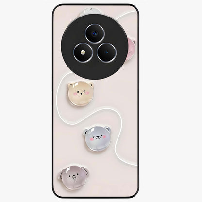 Puffy Face Parade Glass Case showing flat back view with cute puffy character faces artwork and glossy glass finish.