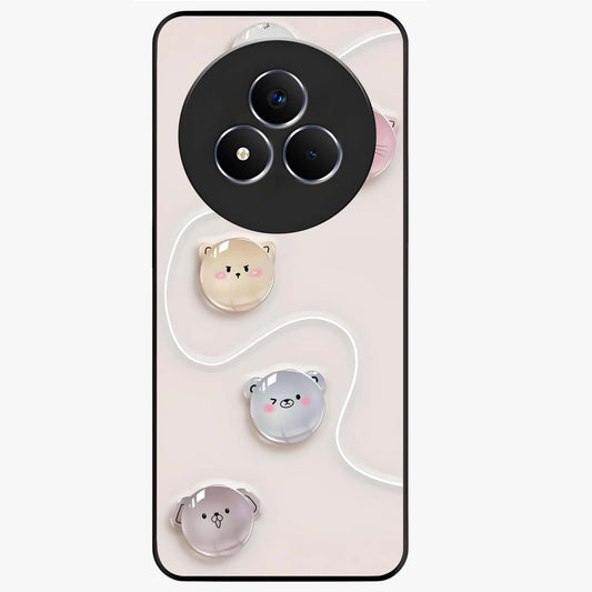 Puffy Face Parade Glass Case showing flat back view with cute puffy character faces artwork and glossy glass finish.