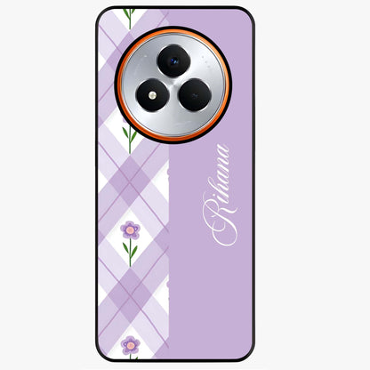 Purple Diamond Floral Glass Case showing flat back view with diamond shaped floral artwork and glossy glass finish.