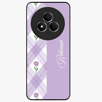 Purple Diamond Floral Glass Case showing flat back view with diamond shaped floral artwork and glossy glass finish.