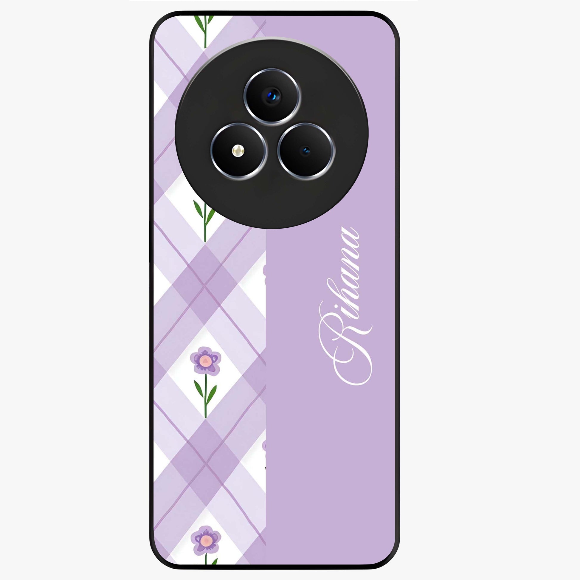 Purple Diamond Floral Glass Case showing flat back view with diamond shaped floral artwork and glossy glass finish.