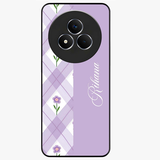 Purple Diamond Floral Glass Case showing flat back view with diamond shaped floral artwork and glossy glass finish.