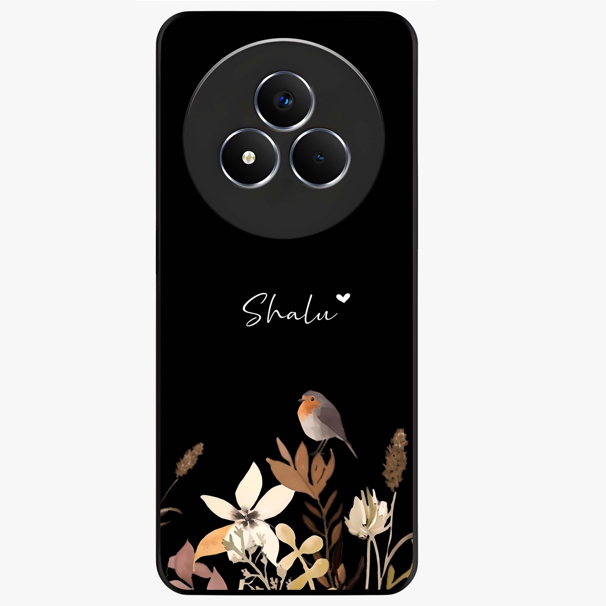 Quiet Garden Tune Custom Name Glass Case showing flat back view with peaceful garden artwork and personalized name design.