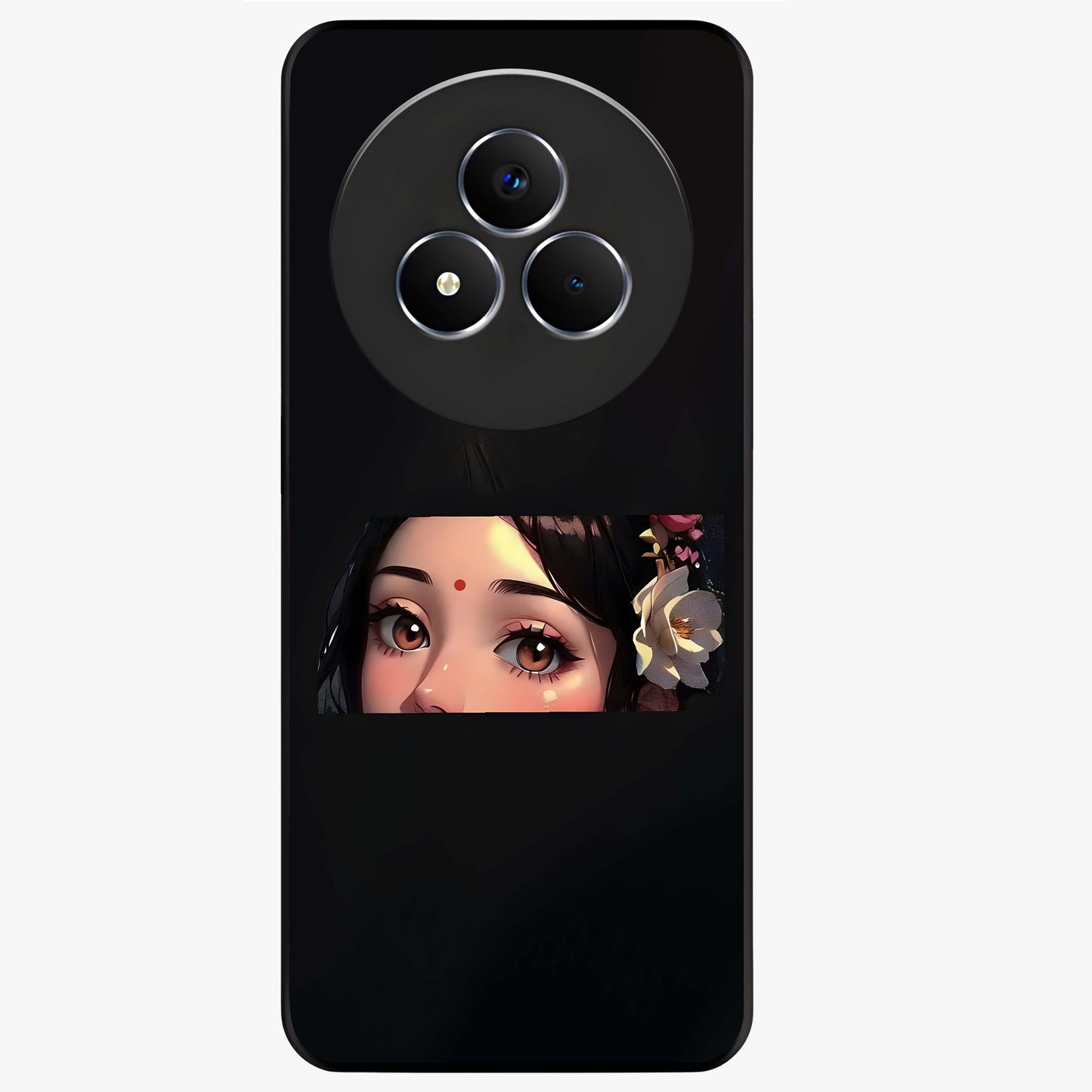 Radha Divine Embrace Glass Case showing flat back view with devotional Radha artwork and glossy glass finish.