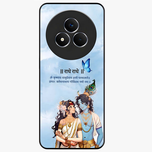 Radha Krishna Eternal Glass Case showing flat back view with Radha Krishna devotional artwork and glossy glass finish.