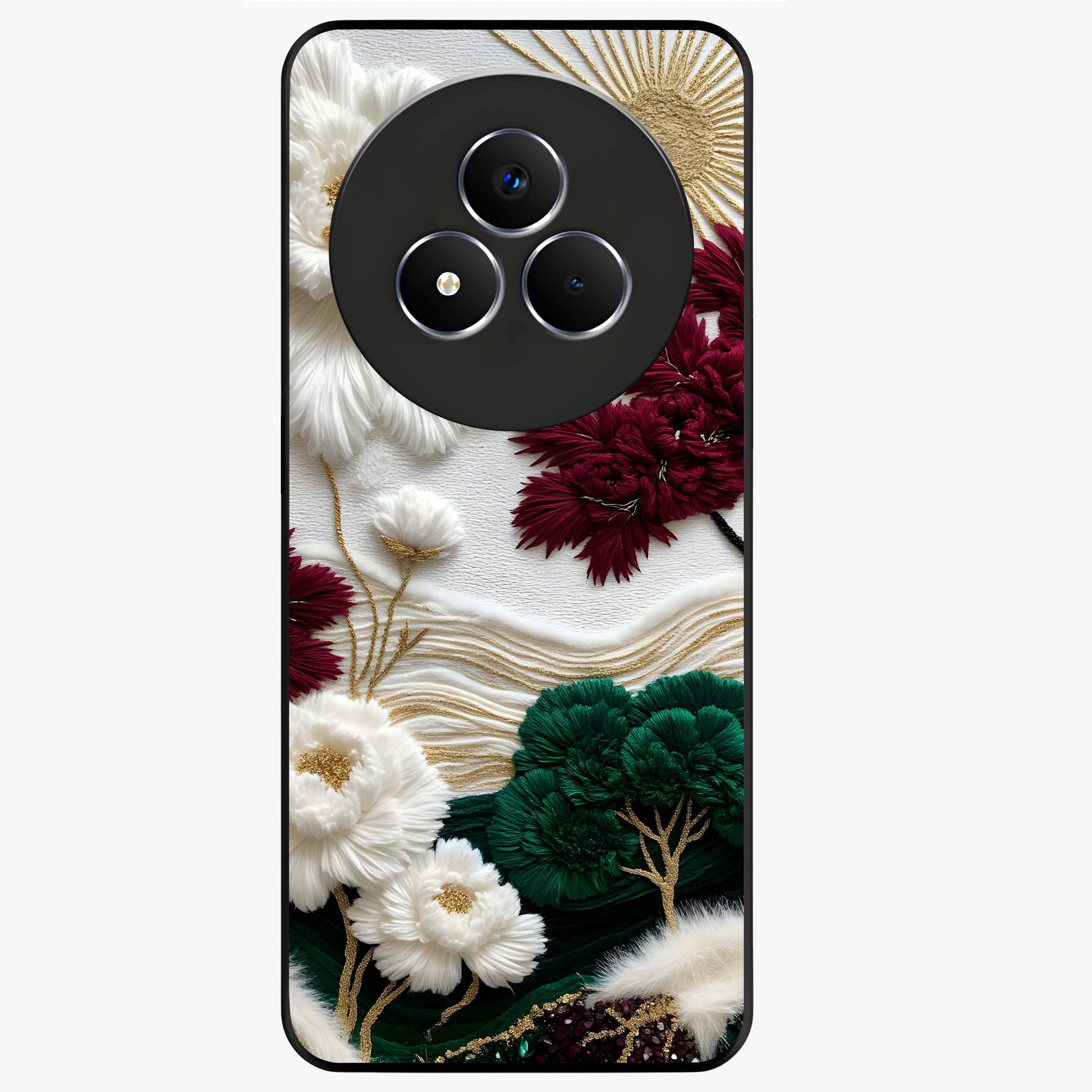 Radiant Bloom Elegance Glass Case showing flat back view with elegant blooming flower artwork and glossy glass finish.