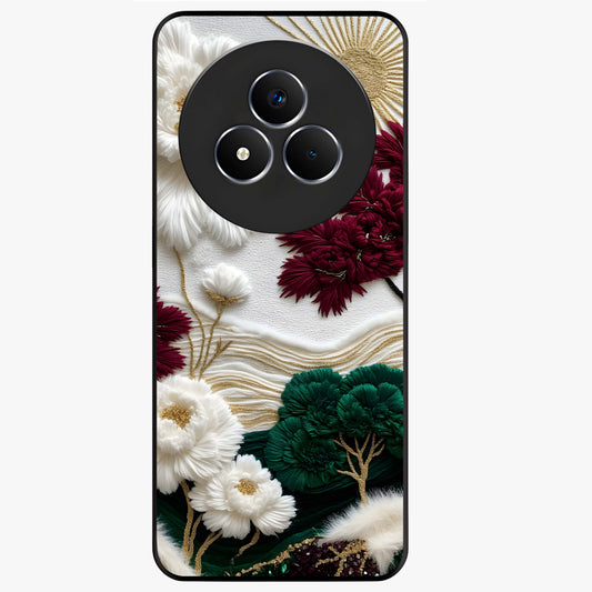 Radiant Bloom Elegance Glass Case showing flat back view with elegant blooming flower artwork and glossy glass finish.