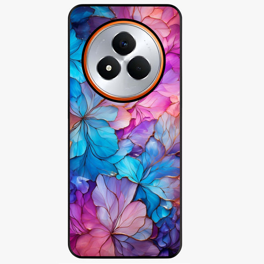 Radiant Floral Whirl Glass Case showing flat back view with swirling floral artwork and glossy glass finish.