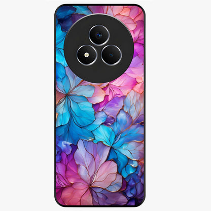 Radiant Floral Whirl Glass Case showing flat back view with swirling floral artwork and glossy glass finish.