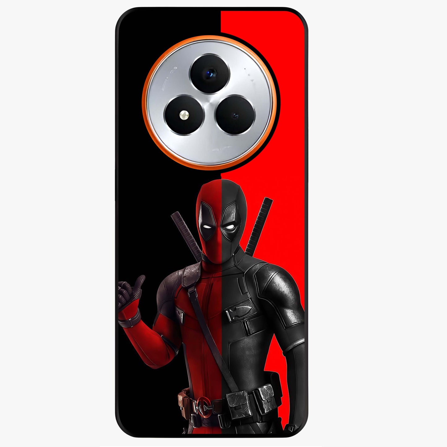 Red & Black Deadpool Theme Glass Case showing flat back view with bold comic inspired artwork and glossy glass finish.