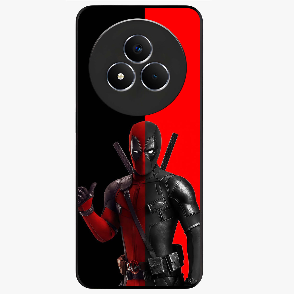 Red & Black Deadpool Theme Glass Case showing flat back view with bold comic inspired artwork and glossy glass finish.