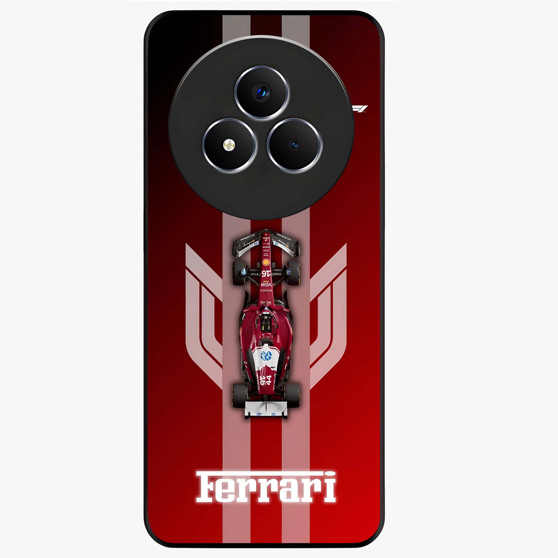 Red Ferrari F1 Vertical Glass Case showing flat back view with sleek Formula racing car artwork and glossy glass finish.