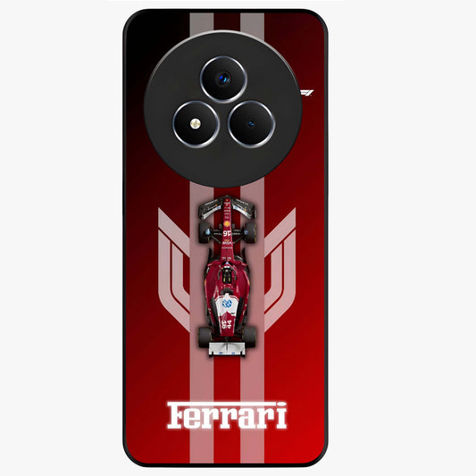 Red Ferrari F1 Vertical Glass Case showing flat back view with sleek Formula racing car artwork and glossy glass finish.