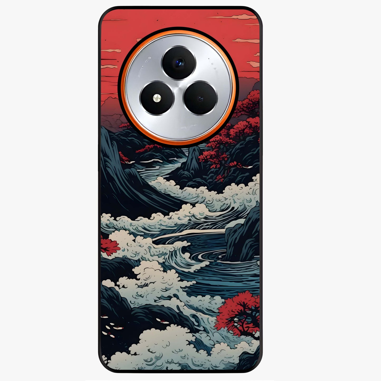 Red Sunset Scenery Glass Case showing flat back view with vibrant sunset landscape artwork and glossy glass finish.