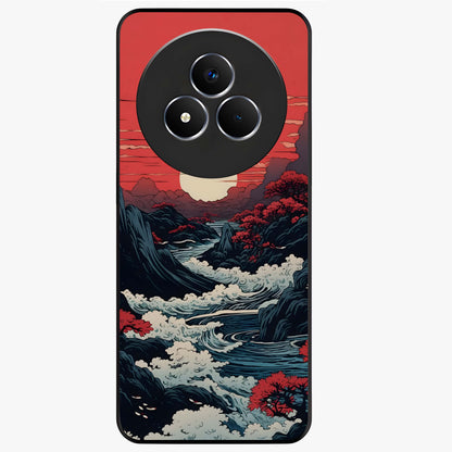 Red Sunset Scenery Glass Case showing flat back view with vibrant sunset landscape artwork and glossy glass finish.