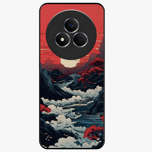 Red Sunset Scenery Glass Case showing flat back view with vibrant sunset landscape artwork and glossy glass finish.