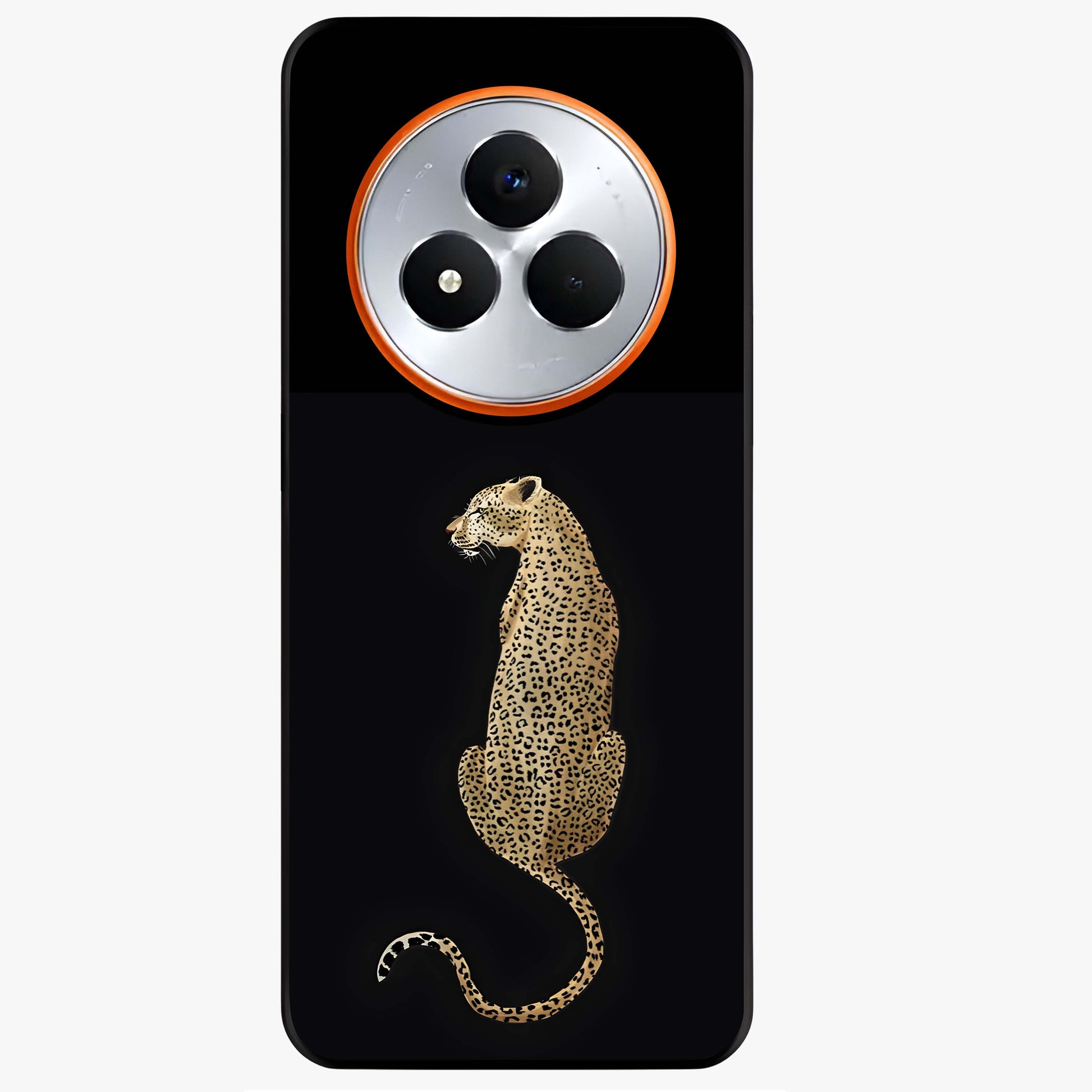 Regal Leopard Glass Case showing flat back view with bold leopard artwork and glossy glass finish.