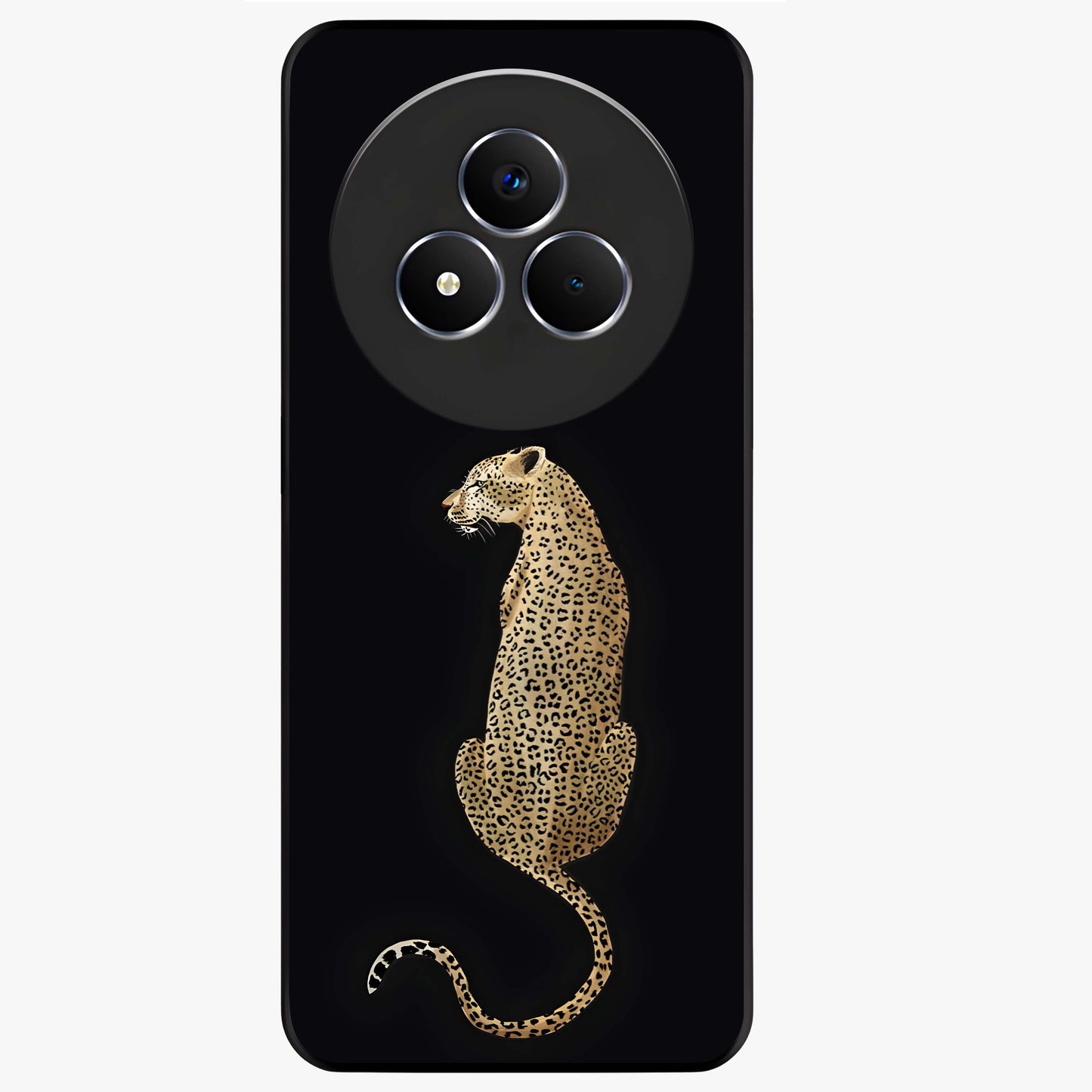 Regal Leopard Glass Case showing flat back view with bold leopard artwork and glossy glass finish.