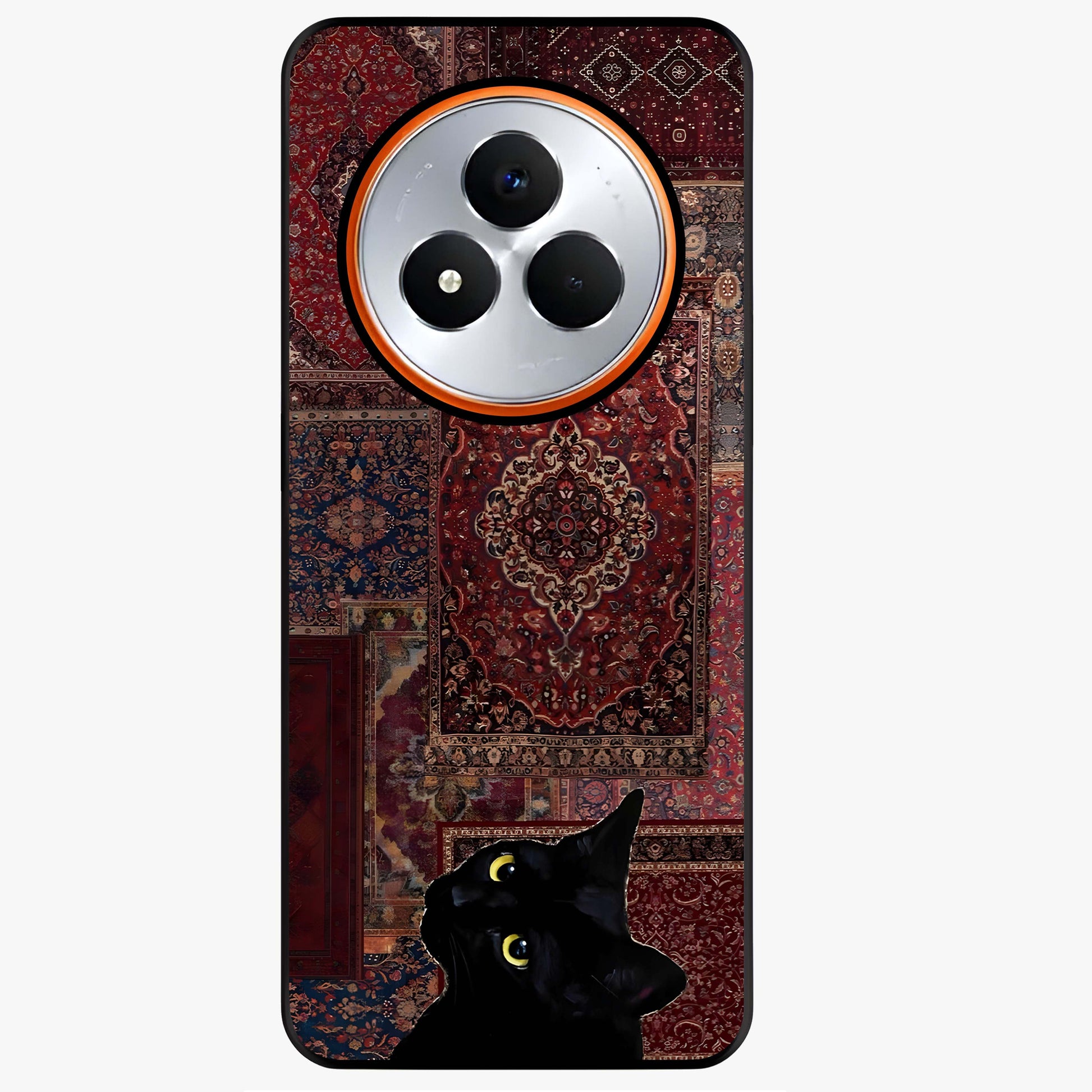 Regal Magic Cat Apple Glass Case showing flat back view with magical cat artwork holding apple and glossy glass finish.
