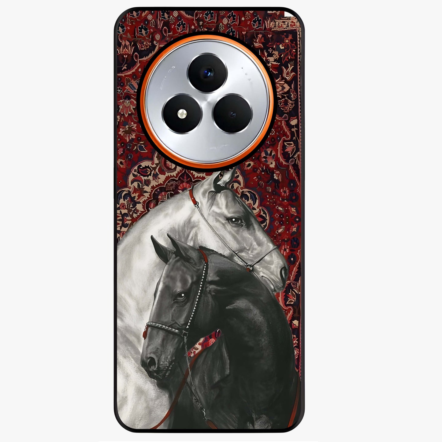 Regal Stallion Tapestry Glass Case showing flat back view with majestic horse tapestry artwork and glossy glass finish.