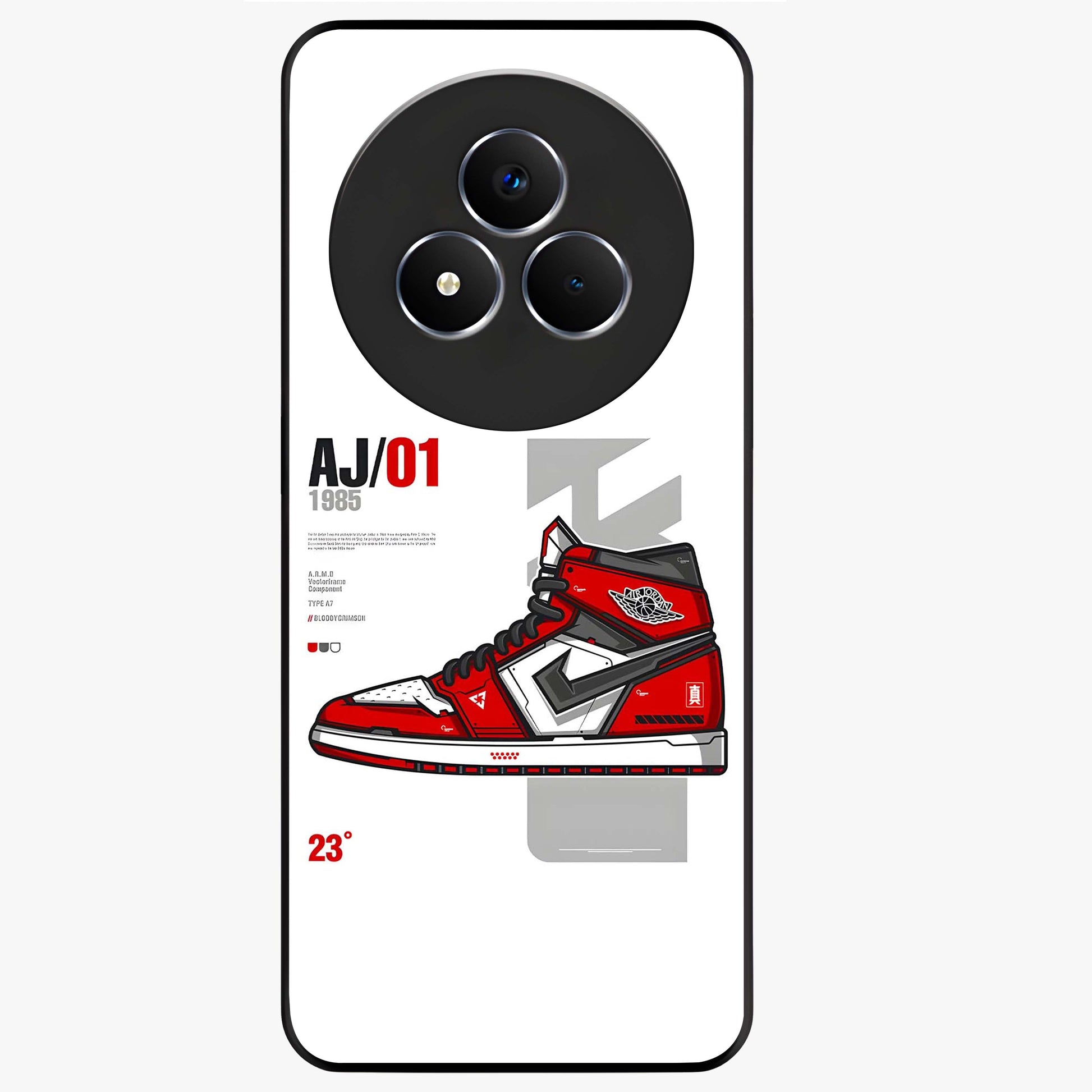 Retro Sneaker Blueprint Glass Case showing flat back view with sneaker blueprint style artwork and glossy glass finish.
