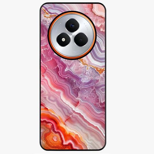 Rose Quartz Marble Glass Case showing flat back view with pink marble quartz texture artwork and glossy glass finish.