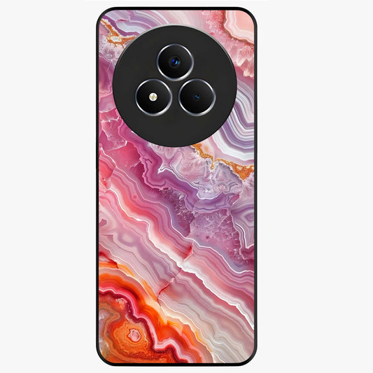 Rose Quartz Marble Glass Case showing flat back view with pink marble quartz texture artwork and glossy glass finish.
