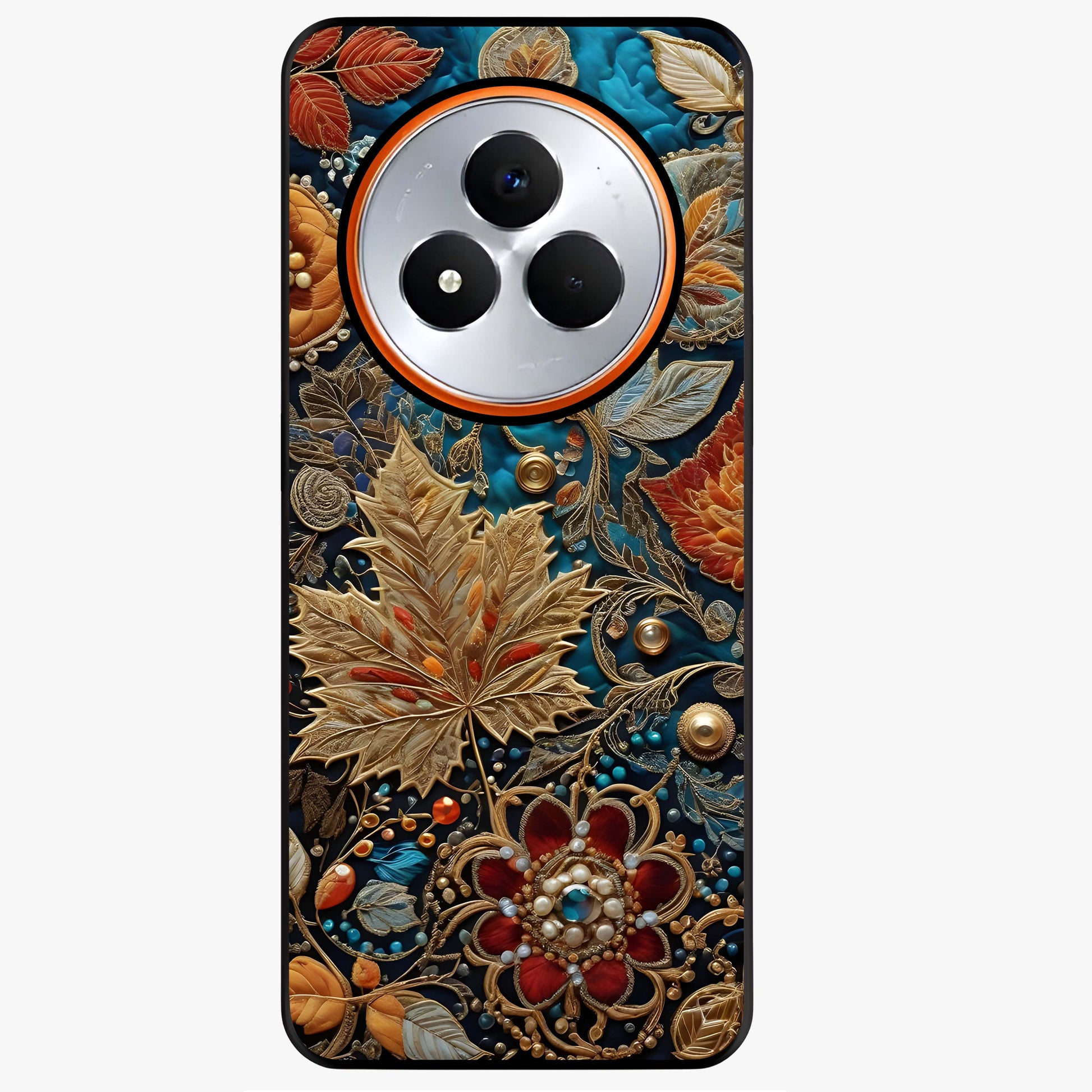 Royal Jewel Garden Glass Case showing flat back view with decorative floral garden artwork and glossy glass finish.