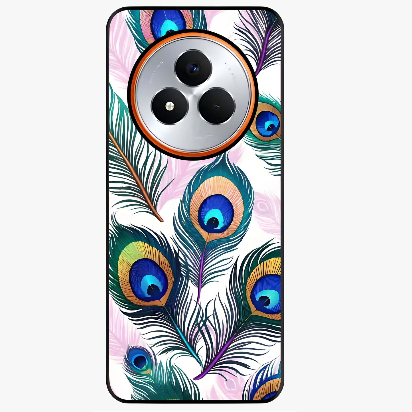 Royal Peacock Feathers Glass Case showing flat back view with colorful peacock feather artwork and glossy glass finish.