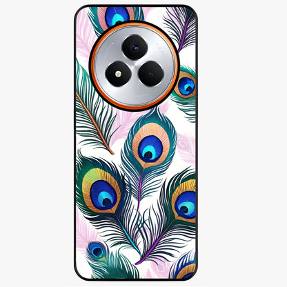 Royal Peacock Feathers Glass Case showing flat back view with colorful peacock feather artwork and glossy glass finish.