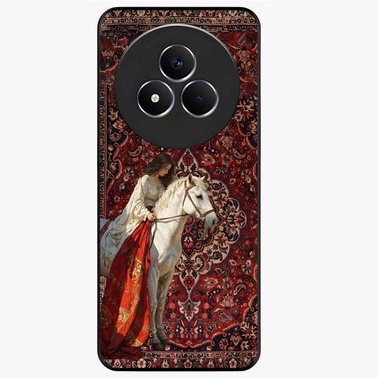 Royal Rider Tapestry Glass Case showing flat back view with majestic horse rider tapestry artwork and glossy glass finish.