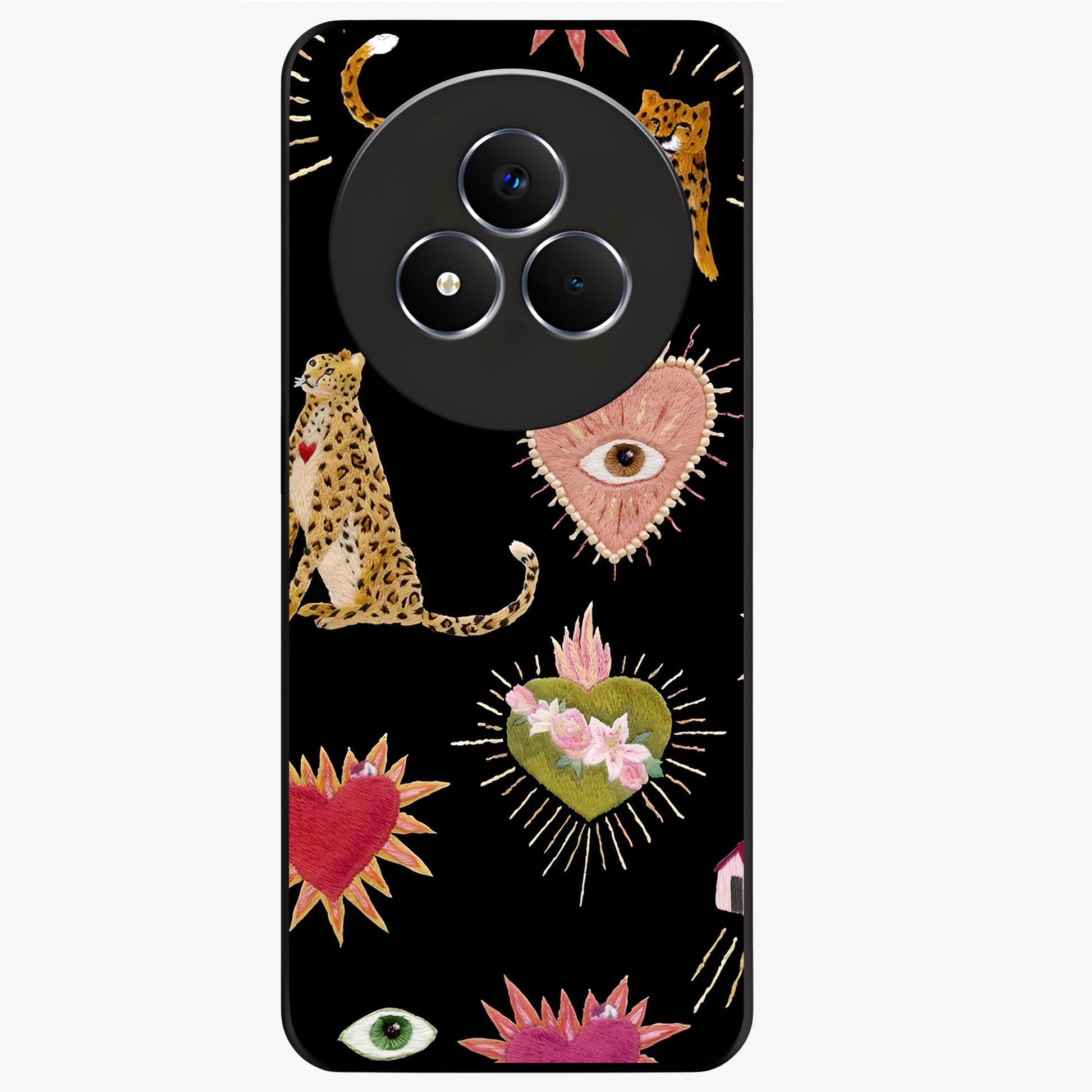 Sacred Jungle Heart Glass Case showing flat back view with jungle inspired heart artwork and glossy glass finish.