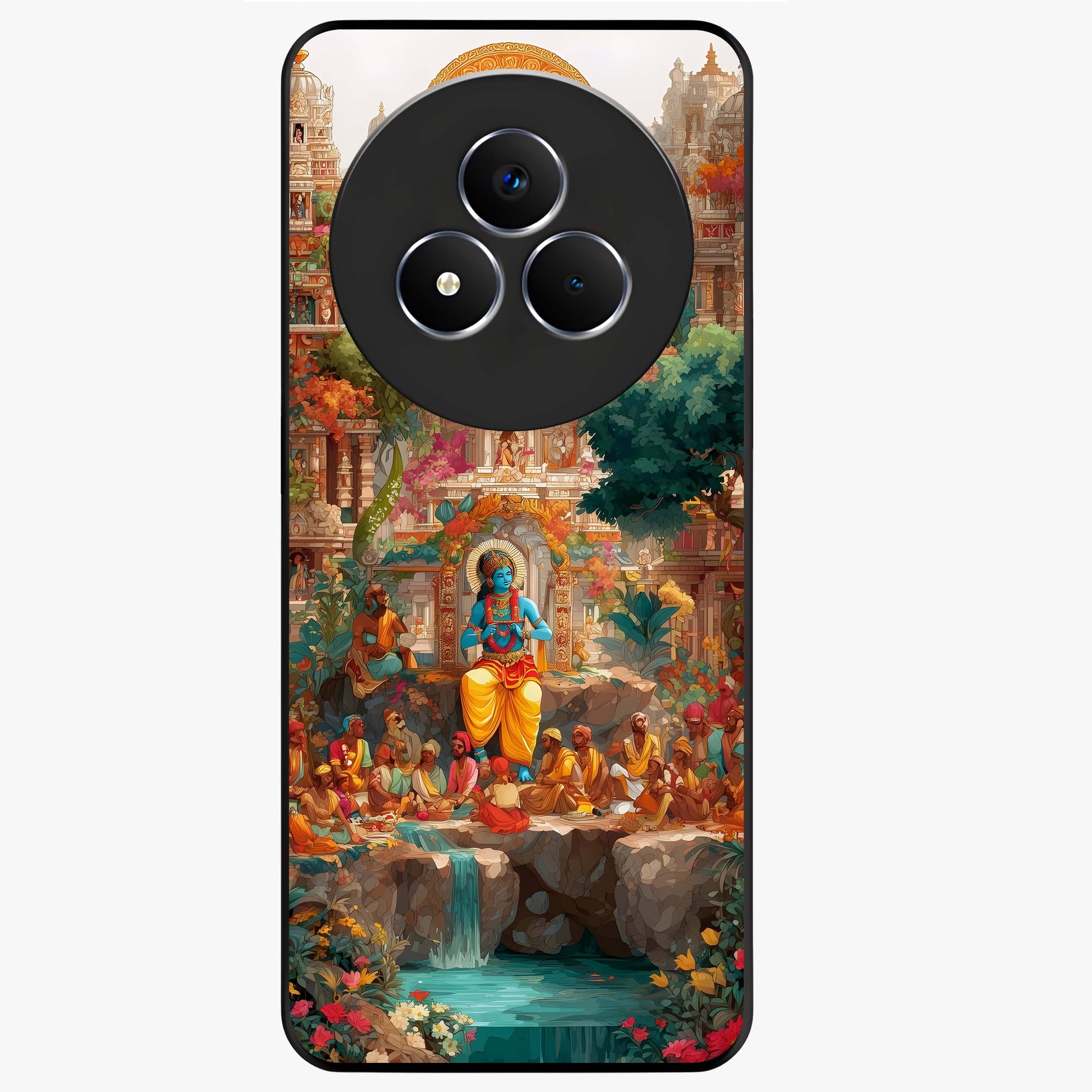 Sacred Sunlight Gods Glass Case showing flat back view with divine sunlight themed artwork and glossy glass finish.