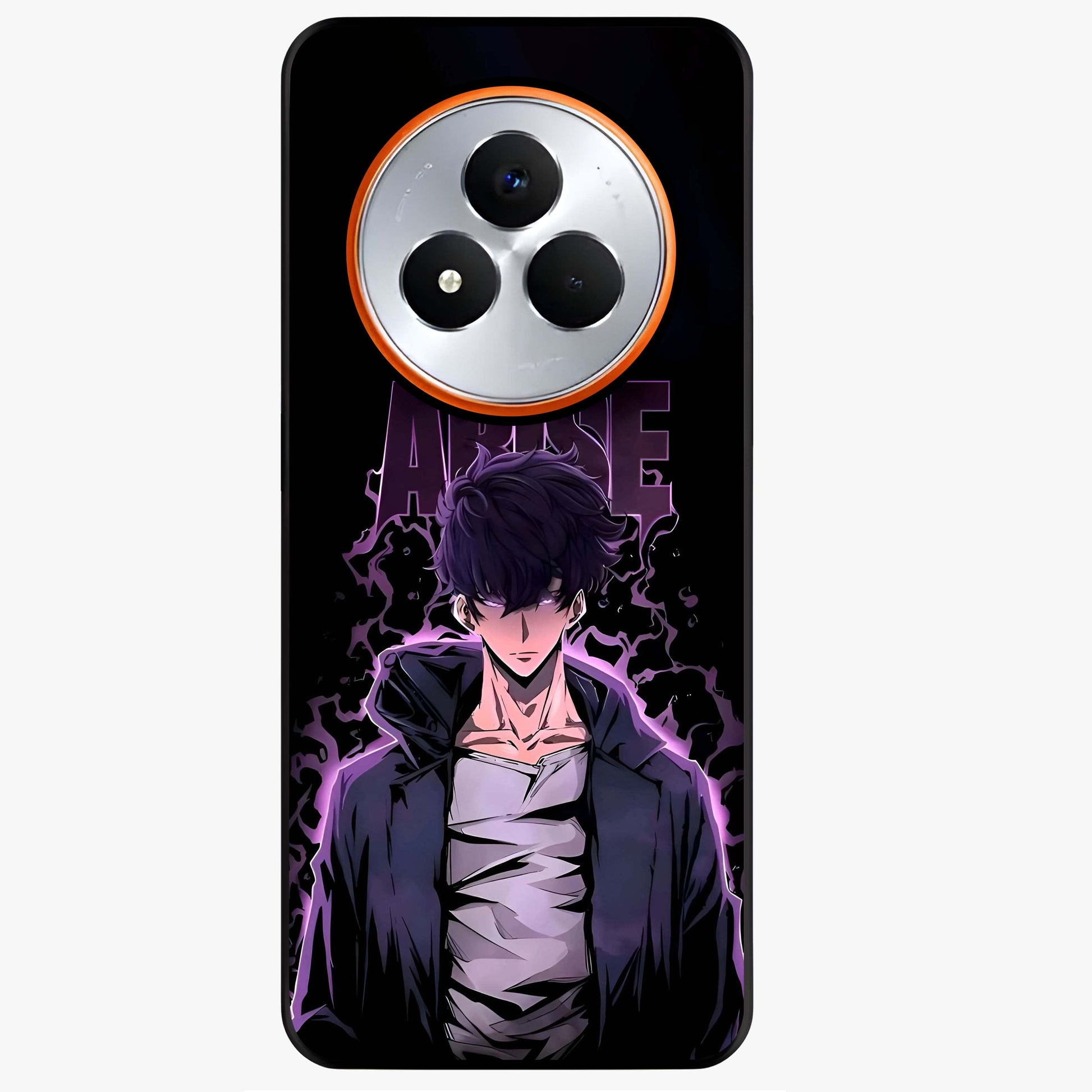 Shadow Monarch Awakening Glass Case showing flat back view with powerful dark monarch themed artwork and glossy glass finish.