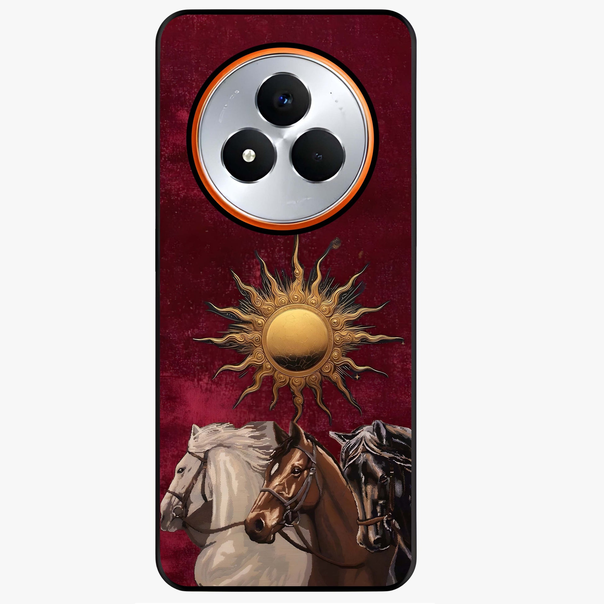 Solar Riders Glass Case showing flat back view with dynamic rider themed artwork and glossy glass finish.