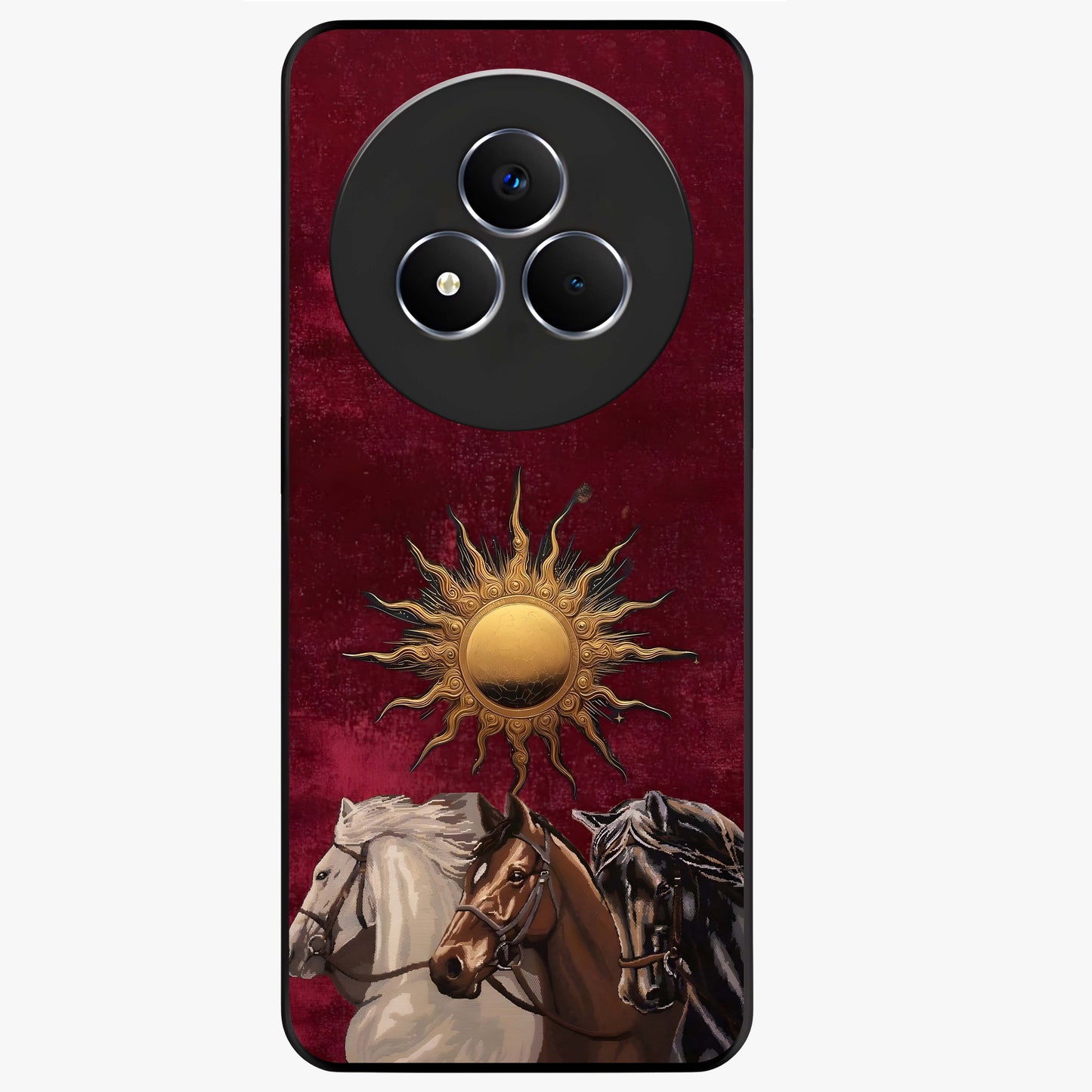 Solar Riders Glass Case showing flat back view with dynamic rider themed artwork and glossy glass finish.