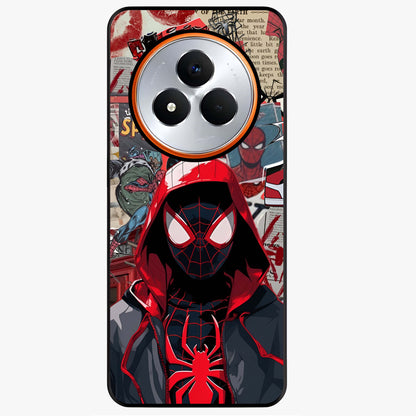 Spider Collage Street Glass Case showing flat back view with vibrant superhero collage artwork and glossy glass finish.