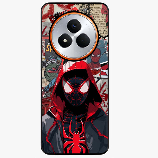 Spider Collage Street Glass Case showing flat back view with vibrant superhero collage artwork and glossy glass finish.