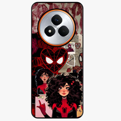 Spider Love Story Glass Case showing flat back view with romantic superhero themed artwork and glossy glass finish.