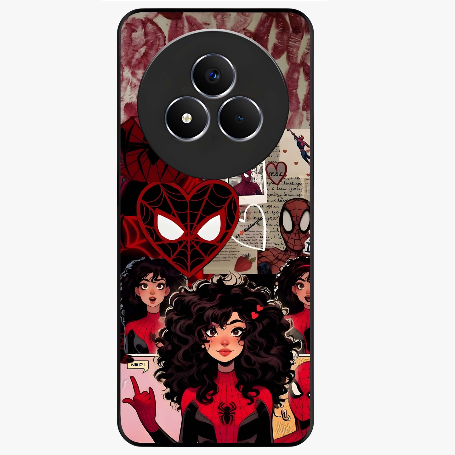 Spider Love Story Glass Case showing flat back view with romantic superhero themed artwork and glossy glass finish.