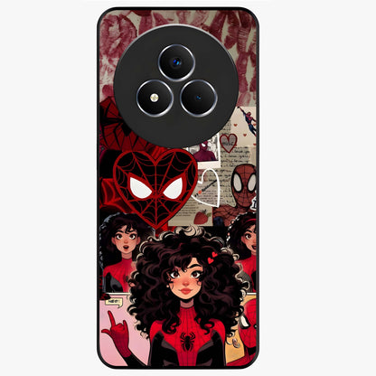 Spider Love Story Glass Case showing flat back view with romantic superhero themed artwork and glossy glass finish.